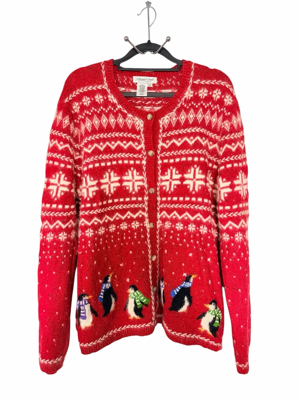 Coldwater Creek Red and White Fair Isle Penguin Cardigan